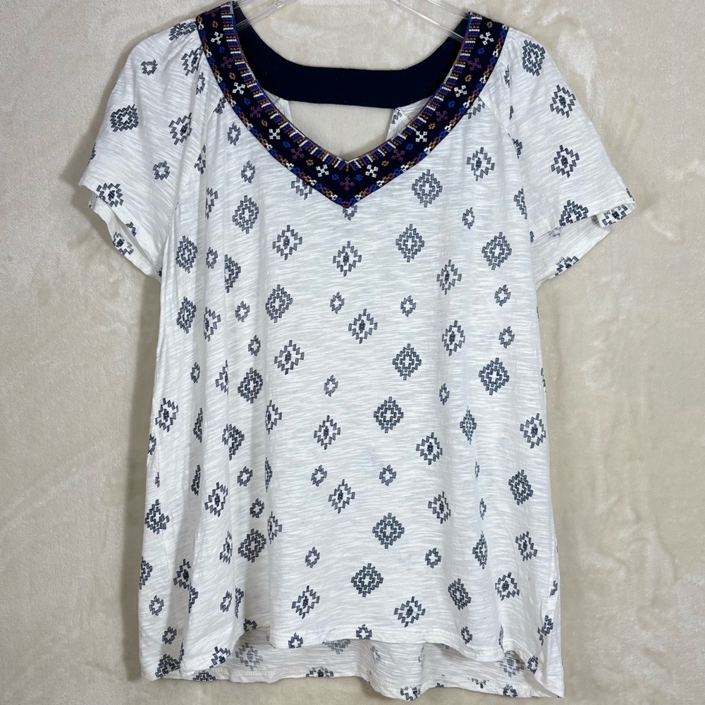 Lucky Brand White Embroidered Aztec Print Top Size L
